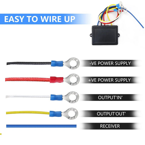 250A 12V Winch Solenoid Relay With Wireless Remote Kit wiring instructions, color-coded cables, and terminal labels