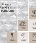 Close-up of clear bubble wrap with text highlighting features of 12 Inch Wide Bubble Cushioning Wrap Roll For Packing And Moving.