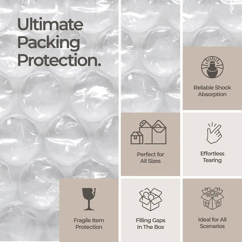 Close-up of clear bubble wrap with text highlighting features of 12 Inch Wide Bubble Cushioning Wrap Roll For Packing And Moving.