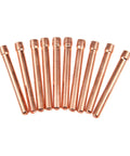 TIG Collet Tips And Bodies Kit For WP17 To WP26 Torch Series, 10 copper pieces, 2.4 mm tungsten replacements lined up.