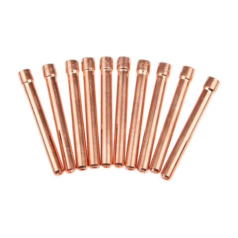 TIG Collet Tips And Bodies Kit For WP17 To WP26 Torch Series, 10 copper pieces, 2.4 mm tungsten replacements lined up.