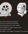 50W Micro Hydroelectric Generator Water Turbine Portable Mini Hydro Power Station dimensions shown for off-grid use