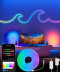 16.4ft RGBIC LED Neon Rope Lights With Music Sync Dope Color Changing Rope Lights For Bedroom And Gaming Room Works With Alexa And Google Assistant DIY Shapeable Neon Lights 2.4GHz WiFi in a gaming setup.