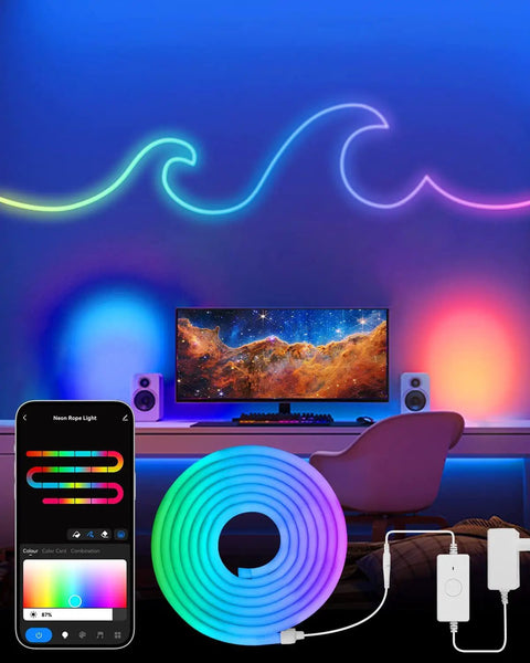 16.4ft RGBIC LED Neon Rope Lights With Music Sync Dope Color Changing Rope Lights For Bedroom And Gaming Room Works With Alexa And Google Assistant DIY Shapeable Neon Lights 2.4GHz WiFi in a gaming setup.