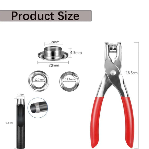 Half Inch Grommet Tool Kit With 150 Eyelets And Hole Punch Pliers For Fabric Leather And Canvas, showing pliers and eyelet sizes
