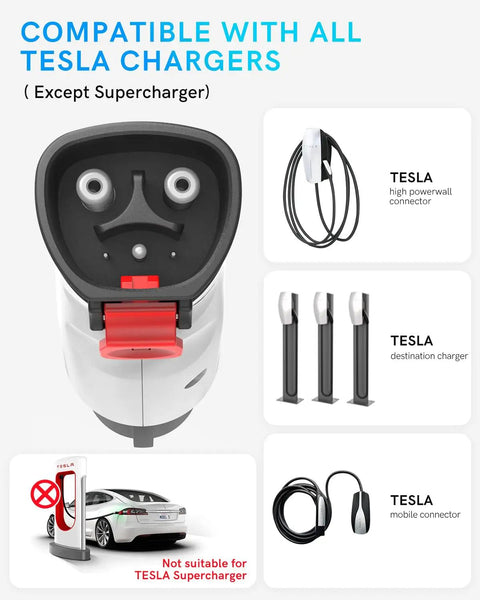 Tesla J1772 EV Charger Adapter Up To 60A 250V IP65 Weatherproof NACS To J1772 Converter shows compatibility with Tesla chargers
