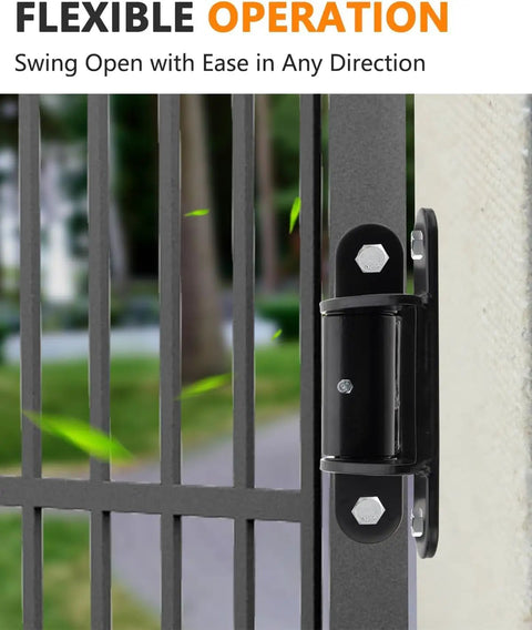 Built Tough 7 Inch Gate Hinge 4 Pack With Bolt-On Or Weld-On Installation, 180 Degree Swing, Extended Hinges For Heavy Duty Outdoor Gates, Weatherproof Construction, Corrosion Resistant, Self-Lubricating Pins on black metal gate