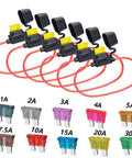 Image of 12 Gauge Inline Fuse Holder Kit For Automotive Wiring Waterproof ATC ATO Blade Fuse Holders With 6 Units And 55 Fuses Set 1A To 30A For Car Electronics Easy Install Dope Fuse Kit showing 6 fuse holders and assorted colored fuses.