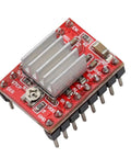 Close-up of A4988 Stepper Motor Driver Module with heat sink for Arduino, 3D Printer, CNC Machine, and Robotics, showing components.
