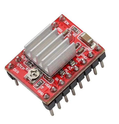 Close-up of A4988 Stepper Motor Driver Module with heat sink for Arduino, 3D Printer, CNC Machine, and Robotics, showing components.