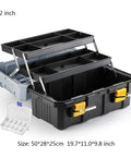 Heavy Duty Three Tier Folding Toolbox With Secure Steel Latch And Slick Compartments For Hammers Pliers Screwdrivers Wrenches in black with three pull-out bays