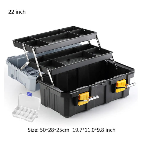 Heavy Duty Three Tier Folding Toolbox With Secure Steel Latch And Slick Compartments For Hammers Pliers Screwdrivers Wrenches in black with three pull-out bays