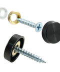 40 Piece Black 16mm Stainless Steel Mirror Screw Covers With Copper Washers And Decorative Caps For Glass Furniture Wardrobes And Tables. Close-up view of screw cover set including black cap, copper washer, and screw.