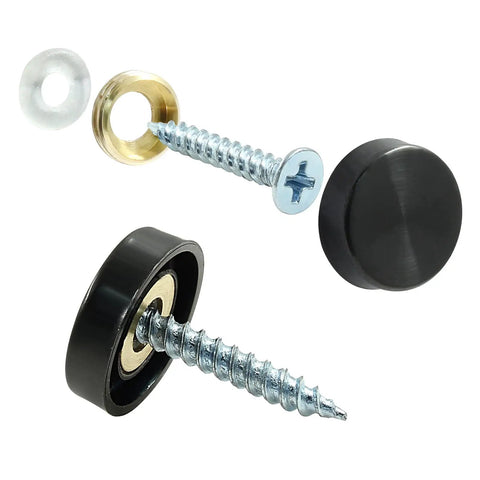 40 Piece Black 16mm Stainless Steel Mirror Screw Covers With Copper Washers And Decorative Caps For Glass Furniture Wardrobes And Tables. Close-up view of screw cover set including black cap, copper washer, and screw.