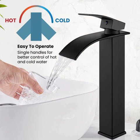 Waterfall Tall Bathroom Faucet With 1 Hole Single Handle 304 Stainless Steel Vessel Sink Faucet Matte Black No Splash Pop Up Drain Modern Lavatory Mixer Tap For Minimalist Homes shown with water streaming into a sink.
