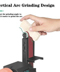 Hand adjusting the adjustable grinding angle of the Electric Belt Sander And Polisher With Adjustable Grinding Platform For Woodworking And Knife Sharpening Heavy Duty Shop Staple Knockout Power Output Tough As Nails Design Built To Last.