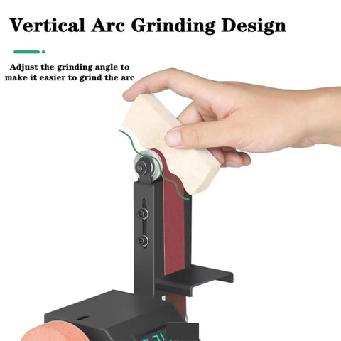 Hand adjusting the adjustable grinding angle of the Electric Belt Sander And Polisher With Adjustable Grinding Platform For Woodworking And Knife Sharpening Heavy Duty Shop Staple Knockout Power Output Tough As Nails Design Built To Last.
