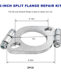2-inch Heavy Duty Carbon Steel Exhaust Split Flange Repair Kit with oval design, showing dimensions and materials for quick leak sealing.
