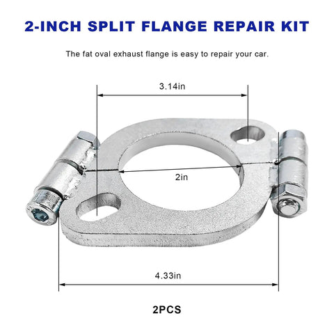 2-inch Heavy Duty Carbon Steel Exhaust Split Flange Repair Kit with oval design, showing dimensions and materials for quick leak sealing.