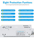 Heavy Duty 24V DC Power Supply 400W 16.5A Universal 100 To 240V AC Input For LED Strips CCTV 3D Printers And Computer Projects High Efficiency Regulated Driver with eight protection features displayed.