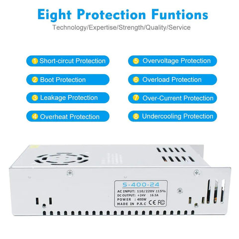 Heavy Duty 24V DC Power Supply 400W 16.5A Universal 100 To 240V AC Input For LED Strips CCTV 3D Printers And Computer Projects High Efficiency Regulated Driver with eight protection features displayed.