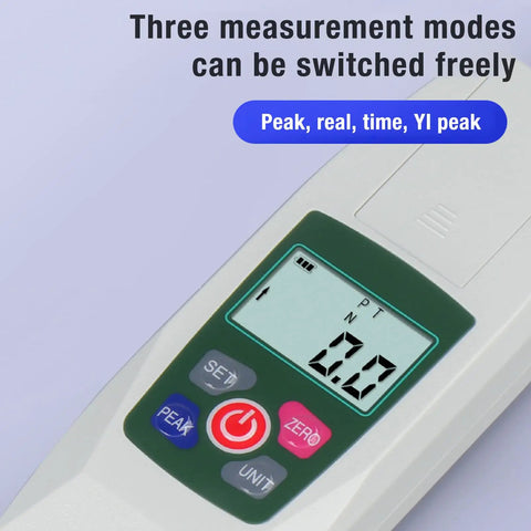 Digital Force Push Pull Tester 2N Dynamometer With Large LCD Display, Real Time And Yi Mode, 0.2 Kg Capacity, 0.45 Lb, Industrial Scientific Testing, Alarm Buzzer When Limits Exceed showing mode buttons