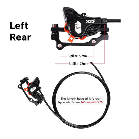 Left rear CNC MTB hydraulic disc brake set, black with orange accents, 1450mm hose length