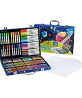 Space Theme 140 Piece Art Kit For Kids With Crayons Markers Pencils Drawing Sheets In Durable Case open with supplies visible