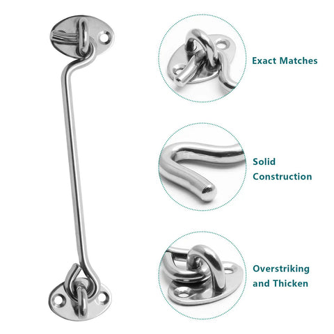 Heavy Duty Two Pack Eight Inch Gate Hook And Eye Latch Rock Solid Stainless Steel Security Latch For Outdoor Barn Door Privacy Bolt Rust Resistant Silver Hardware Kit close-up of hook and eye latch detail.