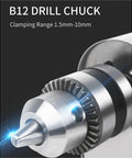 Close-up of B12 drill chuck, part of Pro-Grade Benchtop Polisher For Jewelry And Rock Crystal, showing clamping range 1.5mm-10mm