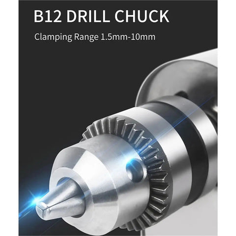 Close-up of B12 drill chuck, part of Pro-Grade Benchtop Polisher For Jewelry And Rock Crystal, showing clamping range 1.5mm-10mm