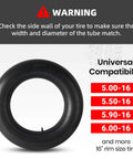 Heavy Duty 6.00-16 Inner Tube With TR15 Valve Stem Durable Butyl Rubber Replacement For Tractor Trailer Truck And Farm Utility Tires Universal Fit For Wagons Lawn Mowers And More image showing inner tube with compatibility sizes list and warning text