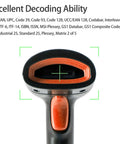 Close-up of USB Wired 1D Barcode Scanner With CCD Decode Chip showing scanning lens with decoding ability listed above.