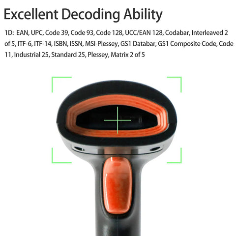 Close-up of USB Wired 1D Barcode Scanner With CCD Decode Chip showing scanning lens with decoding ability listed above.