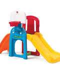 Colorful kids indoor outdoor playset with slide, climbing wall, and basketball hoop for toddlers aged 2 to 6 years old backyard playground.