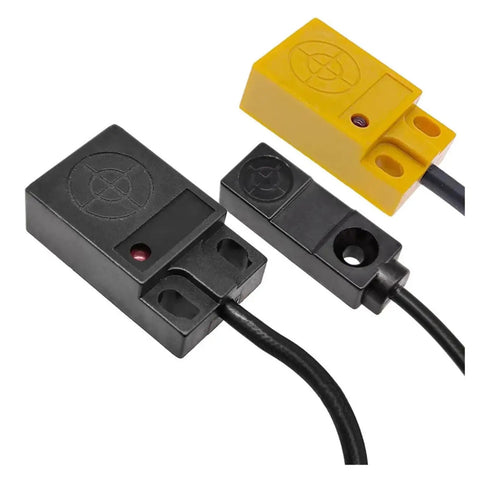 Inductive Proximity Switch 3mm and 5mm Sensing, NPN PNP NO NC, 3 Wire Sensor For Industrial Automation, Built Tough Durable Shell Construction, Clear On Off Feedback, Smooth Trigger And Stable Signal. Black and yellow inductive proximity switch with cable
