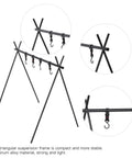 Ultra Portable Triangular Outdoor Storage Rack For Camping And Picnics, lightweight cookware hanger with hooks, black aluminum frame