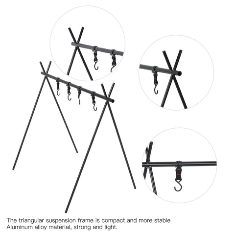 Ultra Portable Triangular Outdoor Storage Rack For Camping And Picnics, lightweight cookware hanger with hooks, black aluminum frame