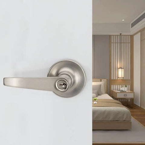 Keyed Entry Door Lever Lock With Reversible Backset For Exterior And Interior Doors Fits Two And Three Eighths To Two And Three Quarters Inch Thickness Universal Left Right Hand Nickel Brushed Finish Includes 3 Keys Durable Easy Install MR802ET on a bedroom door with modern decor background