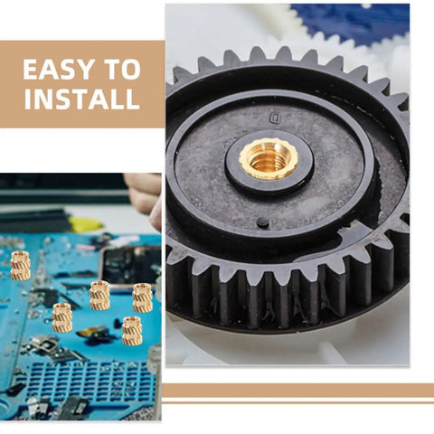Grab 100 Pack of Solid Copper Heat Set Inserts With Knurled Threads For Heavy Duty Screws Embedment That Stick Like A Champ In Any Project Without Fail shown embedded in gear.