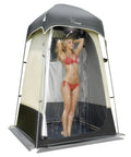 All In One Portable Outdoor Shower Tent Changing Room Privacy Shelter for Camping and Hiking with a person inside showering