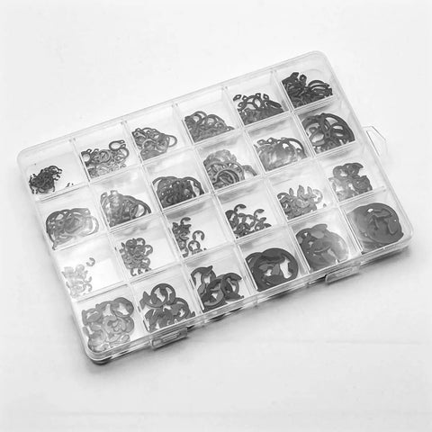 Alloy Steel E Clips And External Retaining Rings Kit Set Keronah With 360 Pieces In 24 Sizes in transparent compartment case