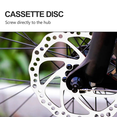 Cassette disc brake close-up showing connection to the hub, part of Heavy Duty Front And Rear Mechanical Disc Brake Pad Upgrade For Mountain Bikes Featuring Forged Aluminum Frames And Chunky Sintered Pads For Killer Stopping Power Easy Tweaks And Dependable Trail Performance All Around.
