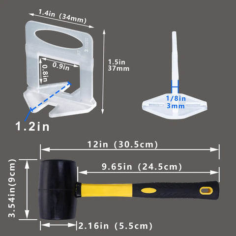 Dimensions of Pro Grade Tile Leveling System Clips 1/8 Inch Spacers Set with 2500 Pieces and 16 Oz Rubber Mallet Hammer