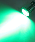 Four Pack Round 10mm Prewired LED Indicator Lights, Common Anode, Red and Green Dual Color, 12 to 24V DC, glowing green light