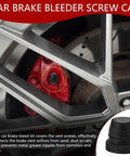 Image showing 18 Pack Heavy Duty Rubber Brake Bleeder Screw Caps on a car brake caliper to protect from grit and rain.
