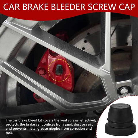 Image showing 18 Pack Heavy Duty Rubber Brake Bleeder Screw Caps on a car brake caliper to protect from grit and rain.