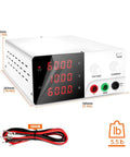 Pro Grade Variable DC Power Supply 60V 10A Beefy, Low Ripple High Precision Lab Regulator With Digital LED Readouts For Voltage And Current, Easy Coarse And Fine Adjustment Knobs, Constant Voltage Current Mode For Precise Electronics Work, front view with 60V readout and test leads