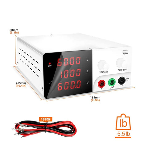 Pro Grade Variable DC Power Supply 60V 10A Beefy, Low Ripple High Precision Lab Regulator With Digital LED Readouts For Voltage And Current, Easy Coarse And Fine Adjustment Knobs, Constant Voltage Current Mode For Precise Electronics Work, front view with 60V readout and test leads