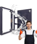 No Hassle Waterproof Access Panel For Drywall Tiles with splash effect, heavy duty steel frame, shown with installer.